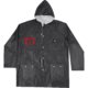 Schwarze Regenjacke mit Kapuze, Wendefunktion und Taschen.