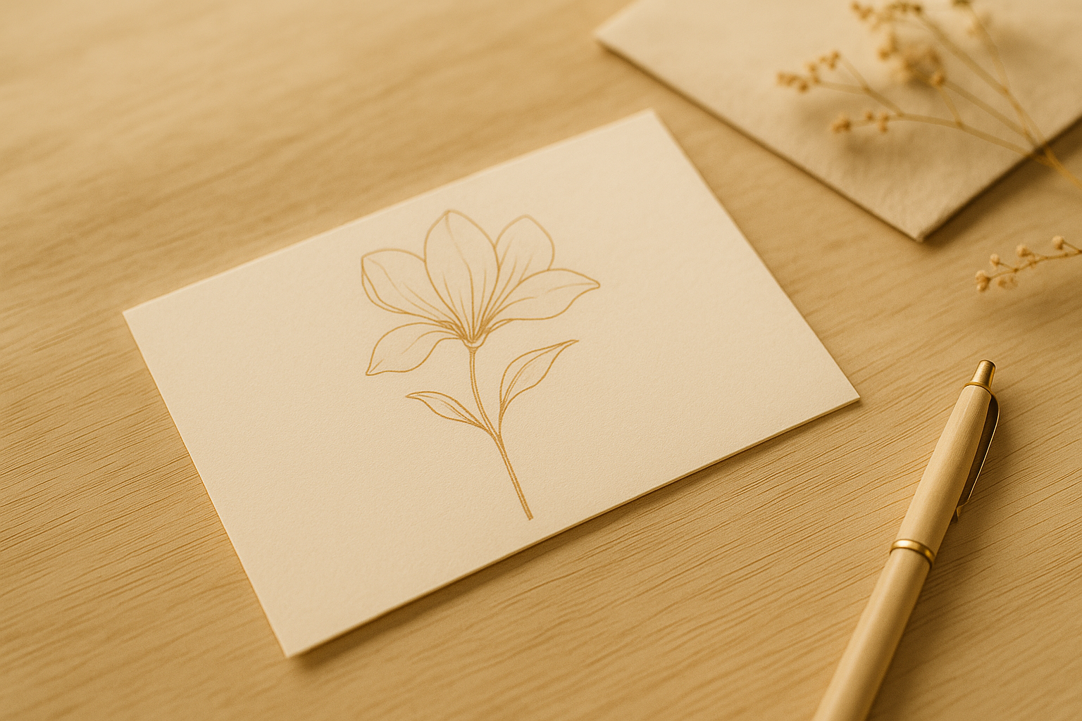 Bild Weie, edle Postkarte mit Blumenmotiv auf Holztisch