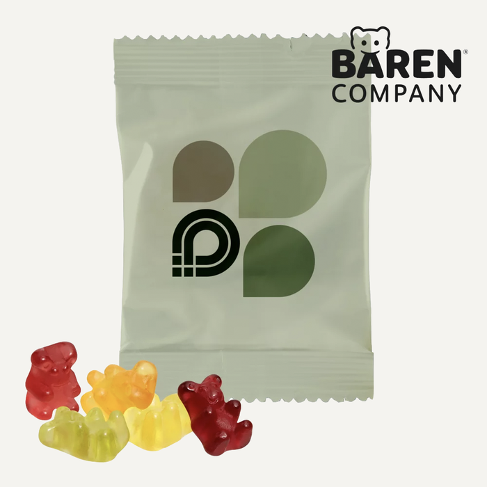Bild Gummib�rchen vor einem bedruckten Werbet�tchen mit Logo