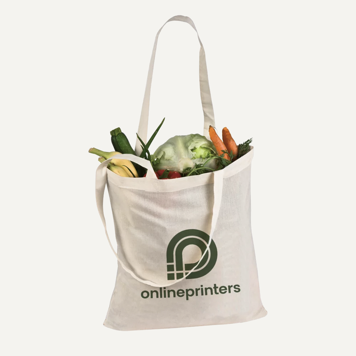 Bild Naturfarbene Baumwolltasche mit gr�nem Logo, gef�llt mit Gem�se