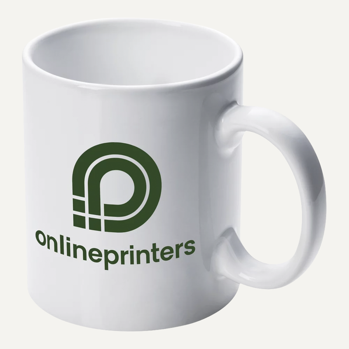 Bild Weisse Keramiktasse mit gr�nem Logo