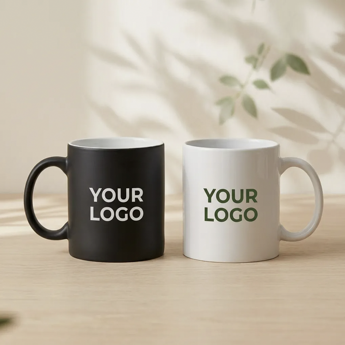Bild Weisse Keramiktasse mit Logoaufdruck