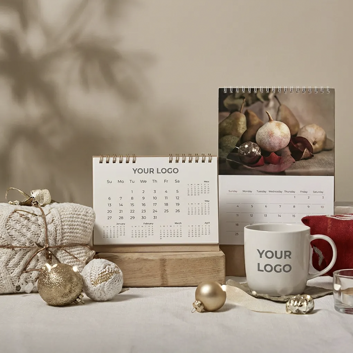 Bild Tischkalender, Tasse und Weihnachtsdeko mit Logo