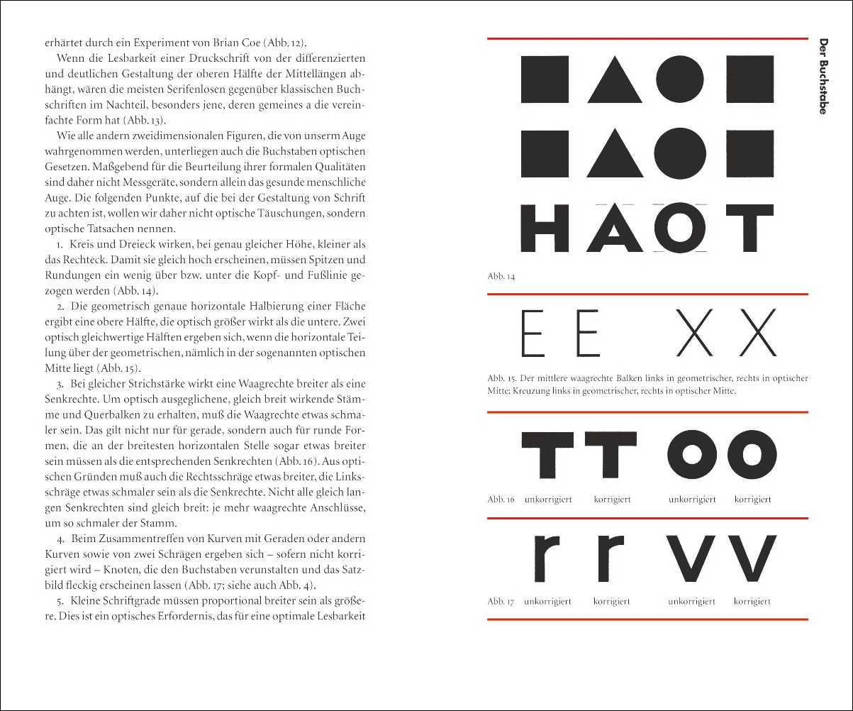 Detail in der Typografie: Einzelne Buchstaben benötigen unterschiedlichen Platz. Das Bild zeigt, dass dreieckige und runde Formen kleiner wirken als rechteckige.