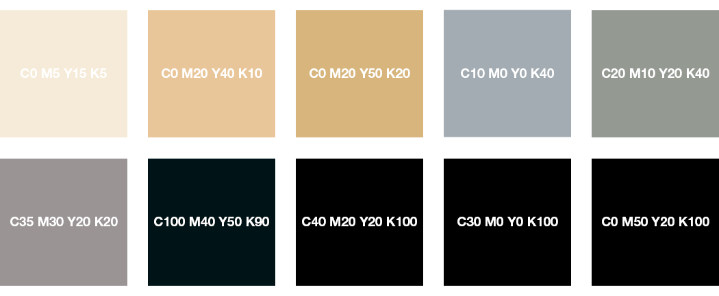 CMYK-Farben: Cremeweiß, Beige, Grau, Schwarz und Tiefschwarz
