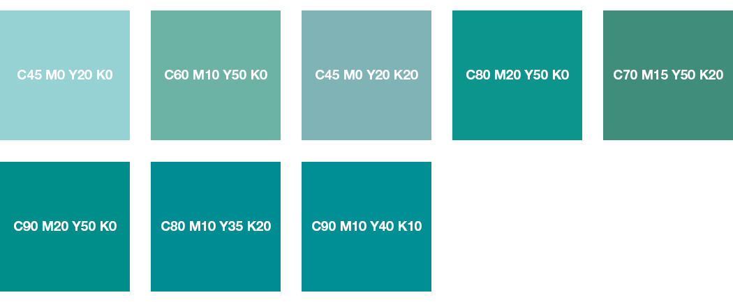 CMYK-Farben: Minttürkis, Mint, Pastelltürkis und Türkis