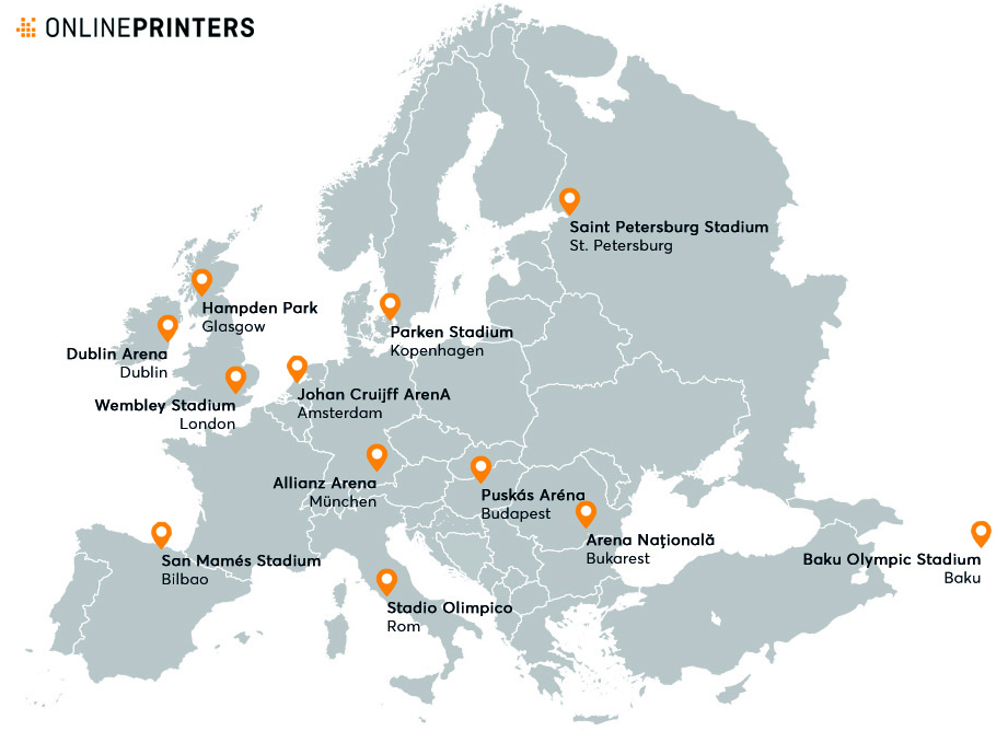 Europakarte mit den 12 Standorten der Austragungsorte